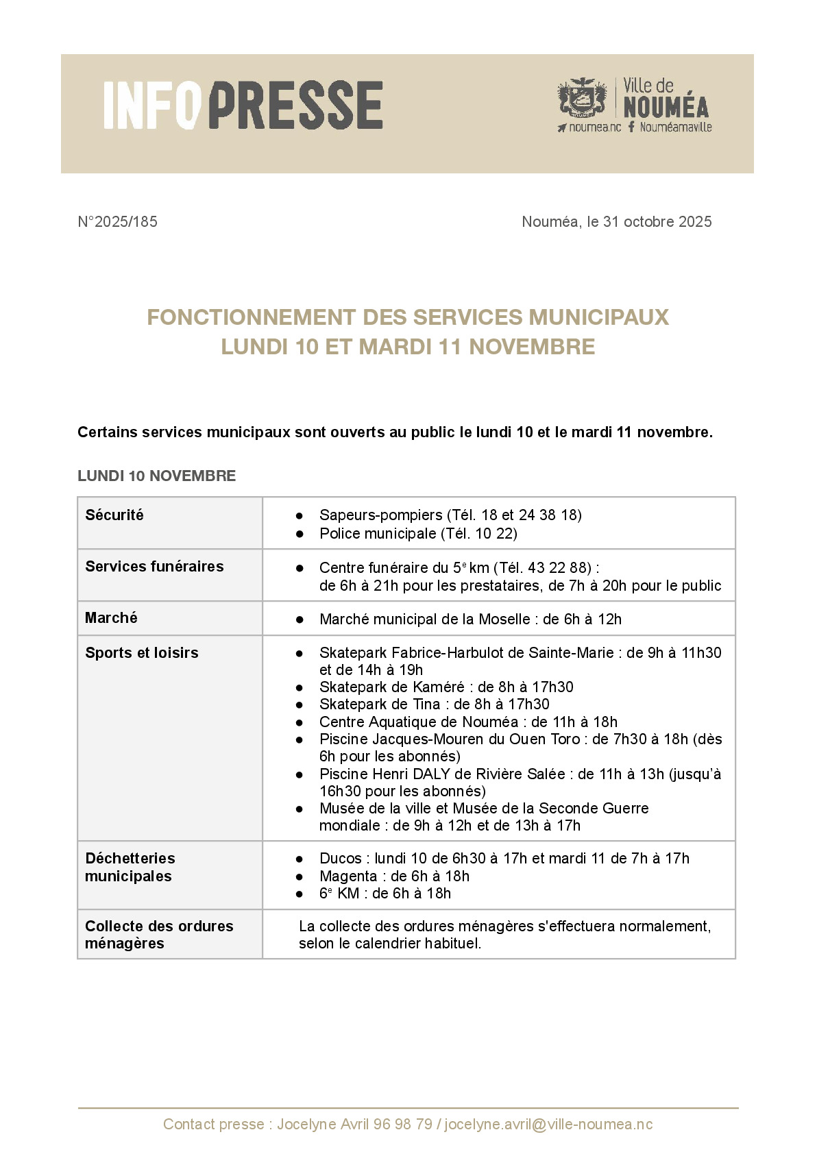 185 IP Fonctionnement des services municipaux - 10 et 11 novembre.pdf