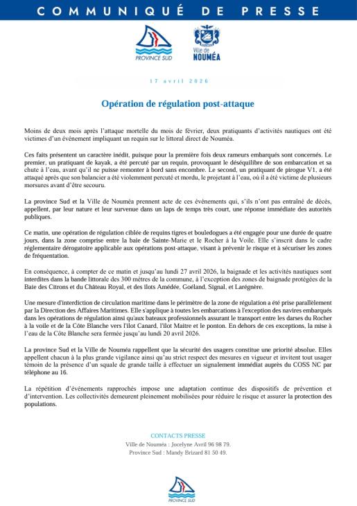 Communiqué de presse province Sud et ville de Nouméa du 17 avril 2026