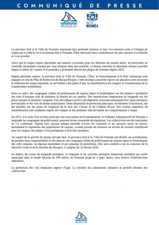 Communiqué de presse conjoint de la province Sud et de la ville de Nouméa
