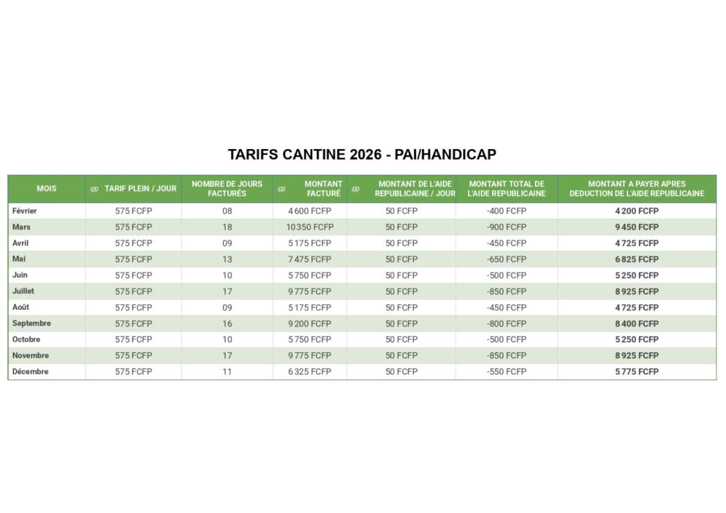 TARIFS CANTINE 2026 - PAI HANDICAP