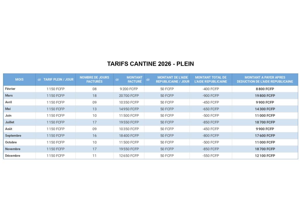 TARIFS CANTINE 2026 - PLEIN