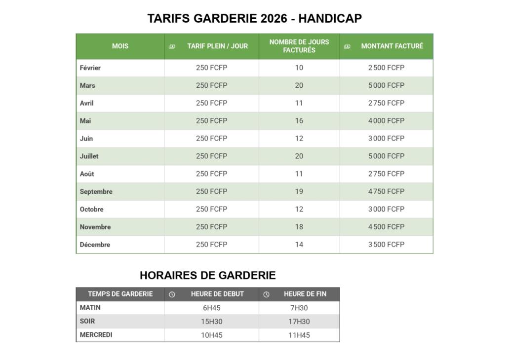 TARIFS GARDERIE 2026 - HANDICAP