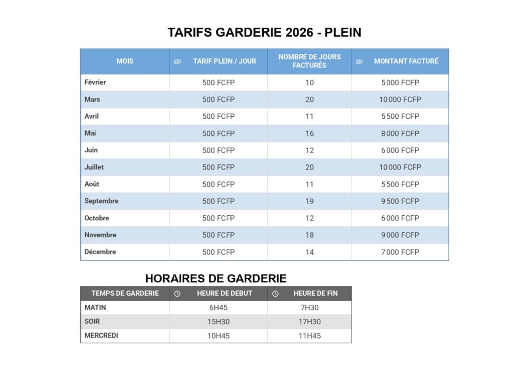TARIFS GARDERIE 2026 - PLEIN